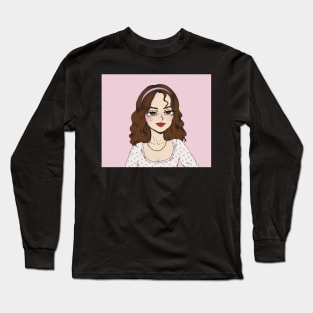 portrait girl illustration pink aesthetic flowers heart Long Sleeve T-Shirt